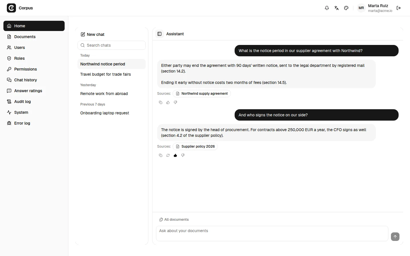 The Corpus assistant answering with its sources, in the Neutral theme