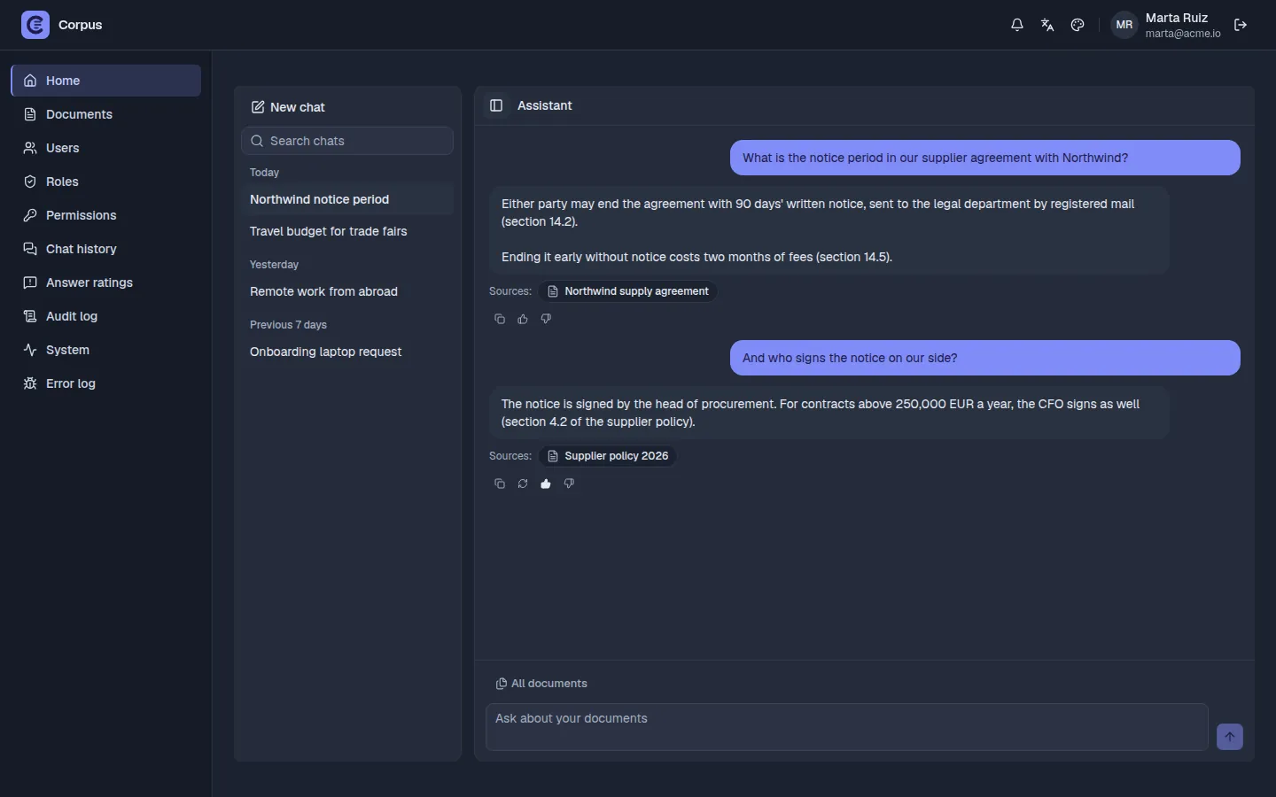 The Corpus assistant answering with its sources, in the Slate theme