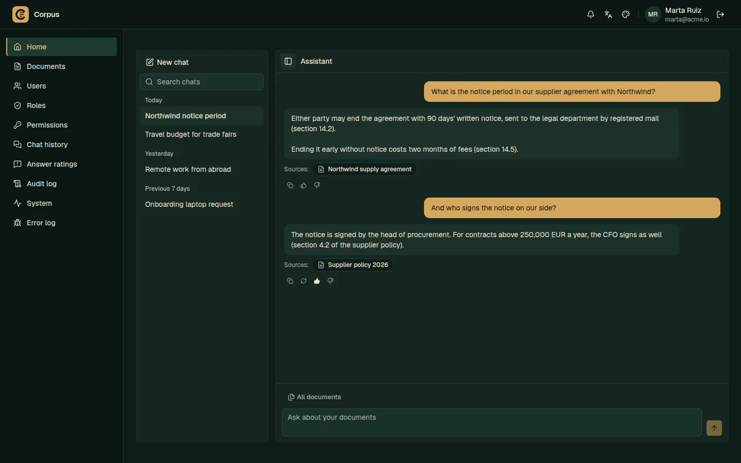 The Corpus assistant answering with its sources, in the Vault theme